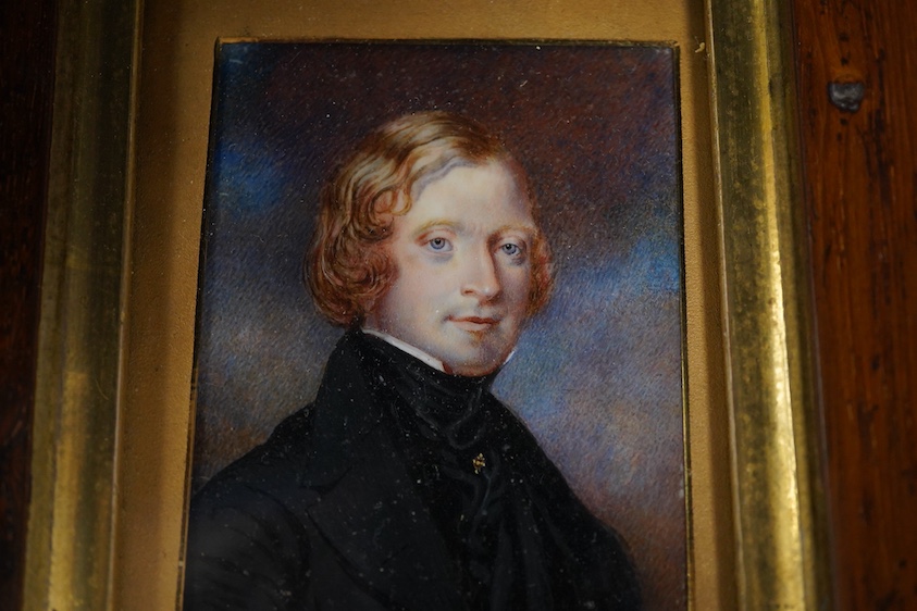 Early 19th century English School, Portrait miniature of a gentleman, watercolour on ivory, 8 x 6cm, housed in an oak and gilt frame CITES Submission reference LFK5Q8SS